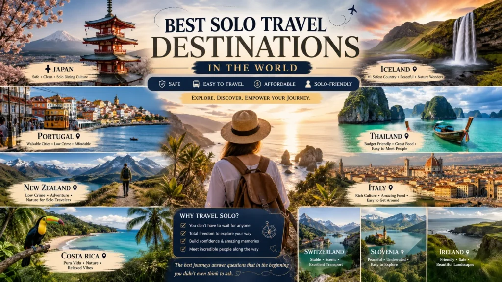 world map style guide showcasing the best solo travel destinations across different countries