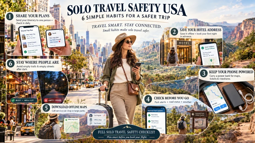solo travel safety tips infographic for best solo travel destinations usa trip planning