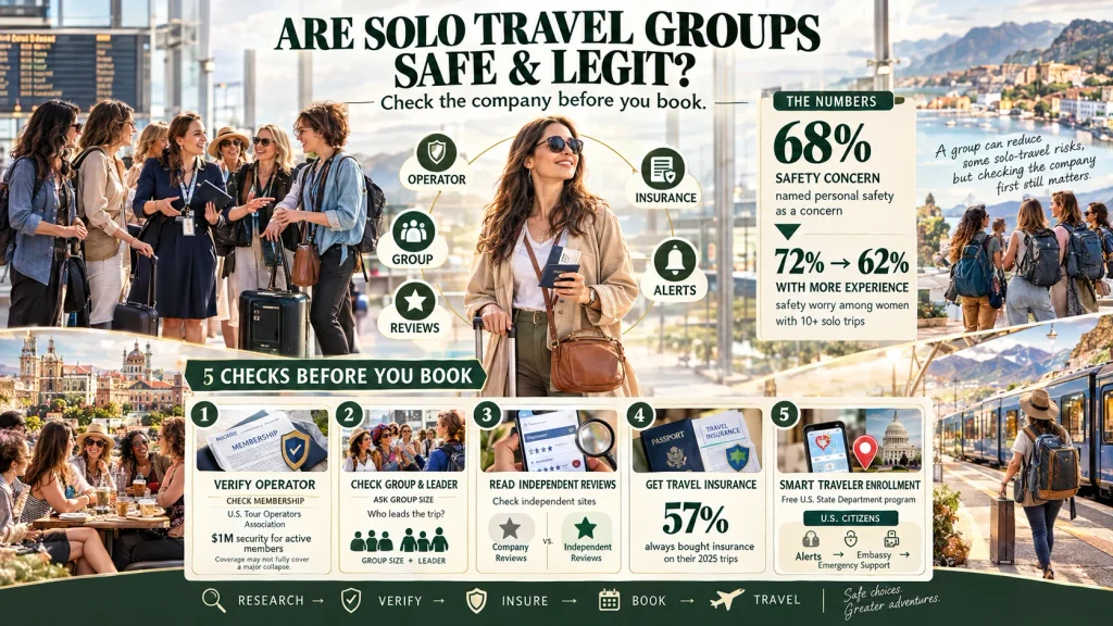infographic showing five safety checks before booking best solo travel groups for women