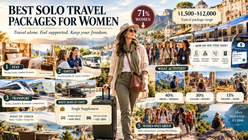 infographic highlighting the best solo travel packages for women with cost and safety tips