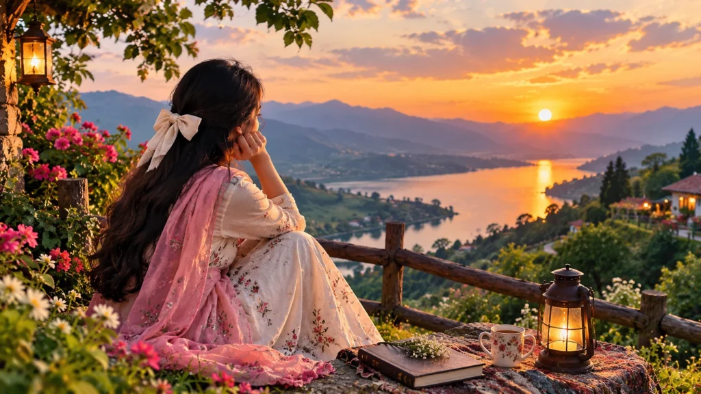 Girl reading by lantern light at sunset, dil ikhtiyar mein hota poetry featured cover image"