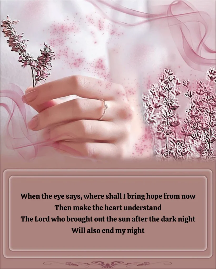 Soft hand holding pink flower with dua poetry on the Lord ending your dark night