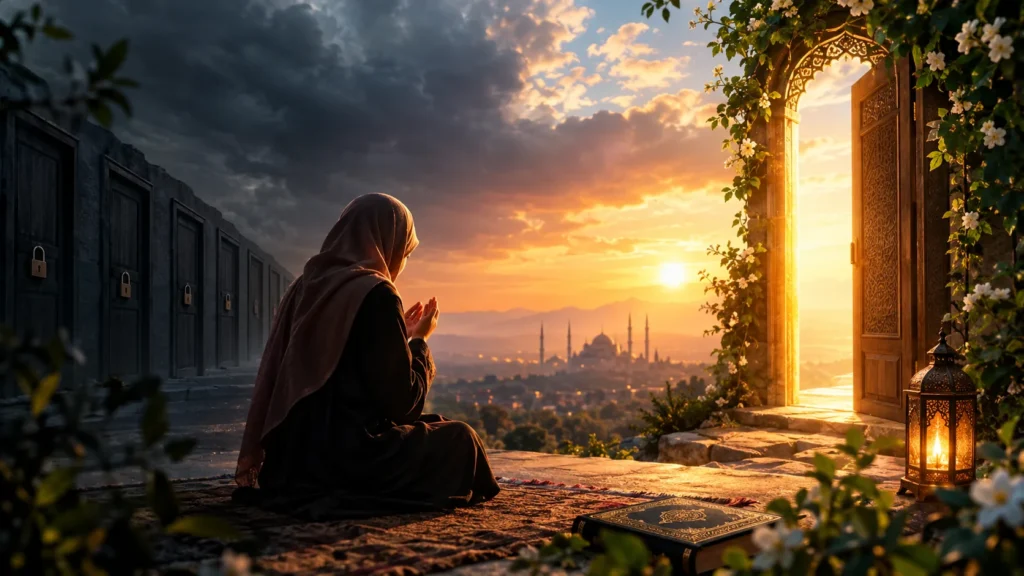 Ek khatoon ghurub-e-aftab ke waqt dua mangte hue, samne roshan darwaza aur door masjid