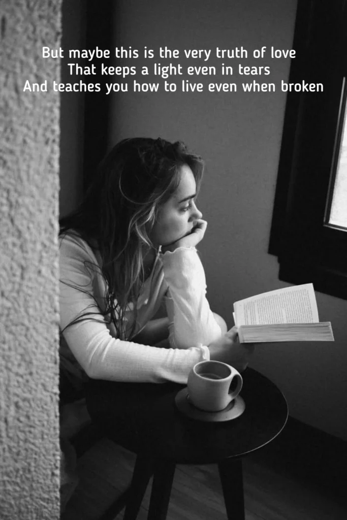 Woman reading book by window healing heart poem
