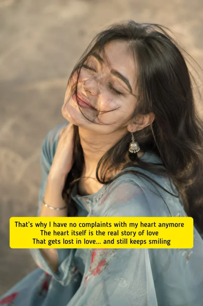 Smiling woman with wind in hair, heart story of love poem