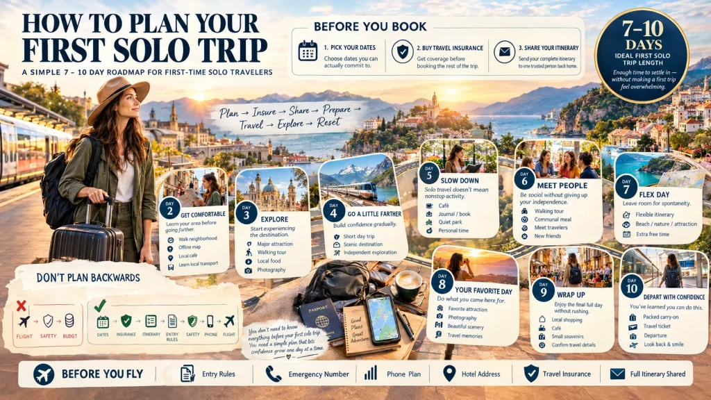first solo trip planning guide for women covering dates insurance itinerary and daily activities