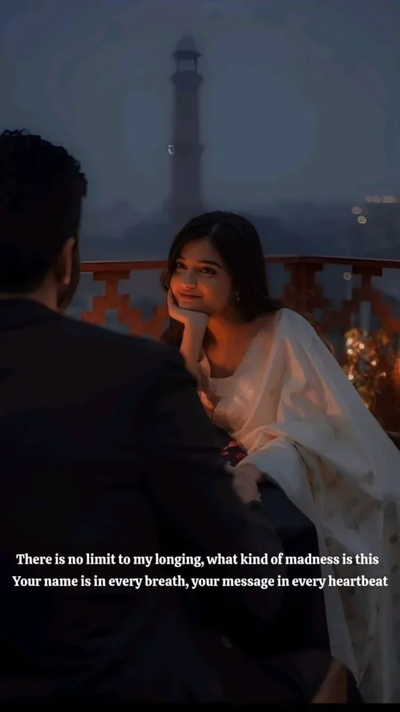 couple sitting on a balcony at dusk with a monument view, junoon shayari