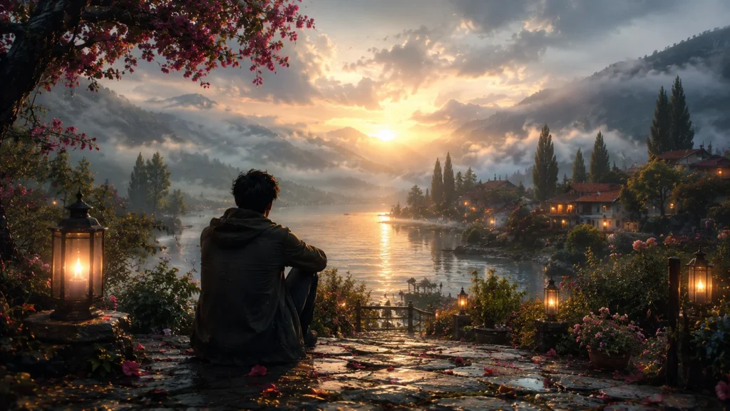 khud ko khona ishq mein — boy sitting alone by a glowing lake at sunset watching a quiet mountain village