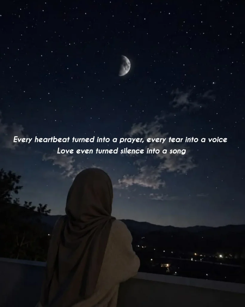 khud ko khona ishq mein — girl in hijab watching a crescent moon over quiet mountains at night