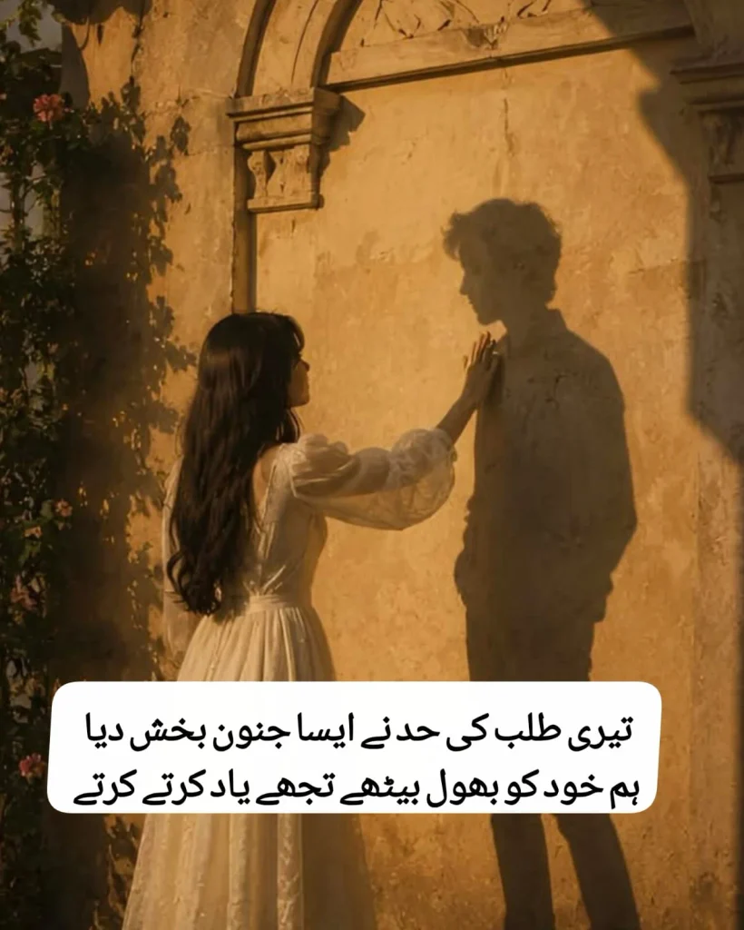 khud ko khona ishq mein — girl gently touching the fading shadow of her lost lover on an old stone wall