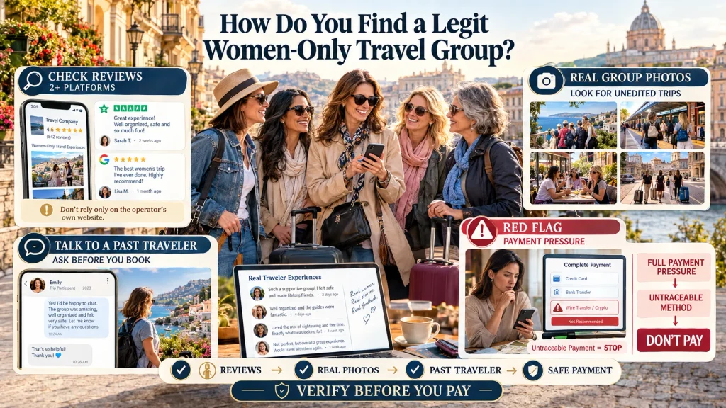 infographic explaining how to find a legit women-only travel group before booking