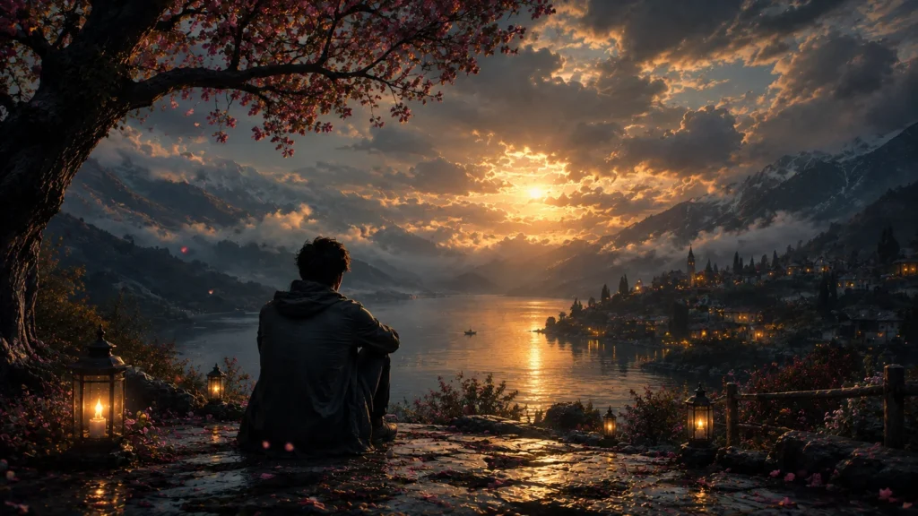 losing myself in your love — man sitting alone under a blossom tree watching a glowing lakeside village at sunset