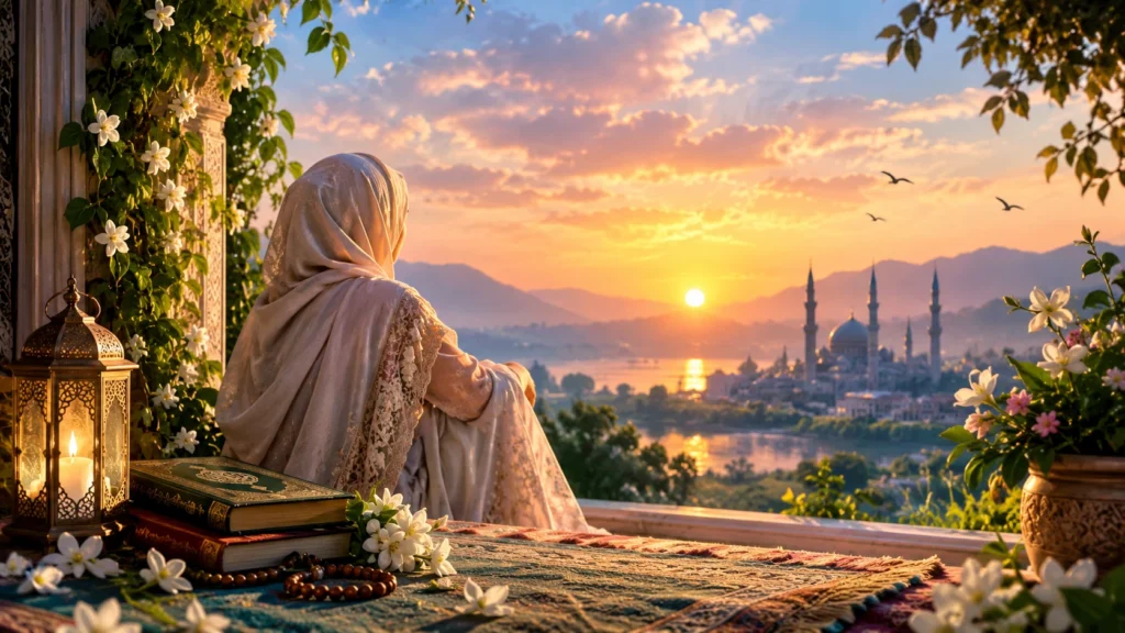 love poetry woman sitting peacefully with Quran and lantern overlooking mosque at sunset