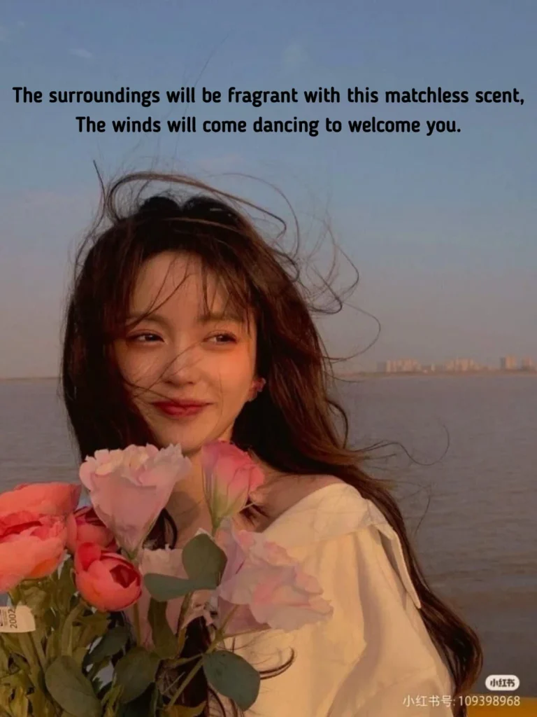 love poetry smiling girl holding pink roses standing near calm open water