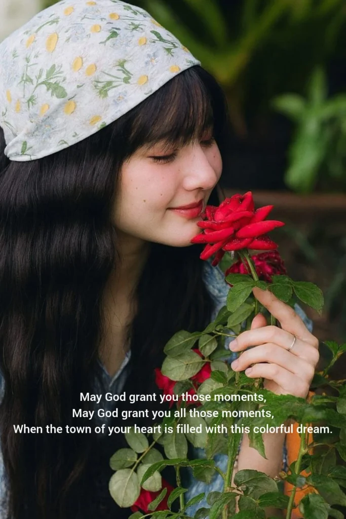 love poetry girl smelling a red rose wearing a floral headscarf outdoors