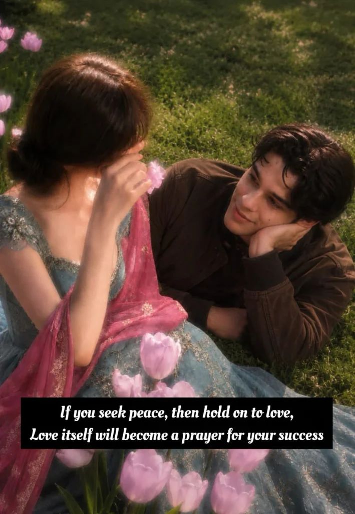 love poetry couple lying in flower field smiling and talking closely together