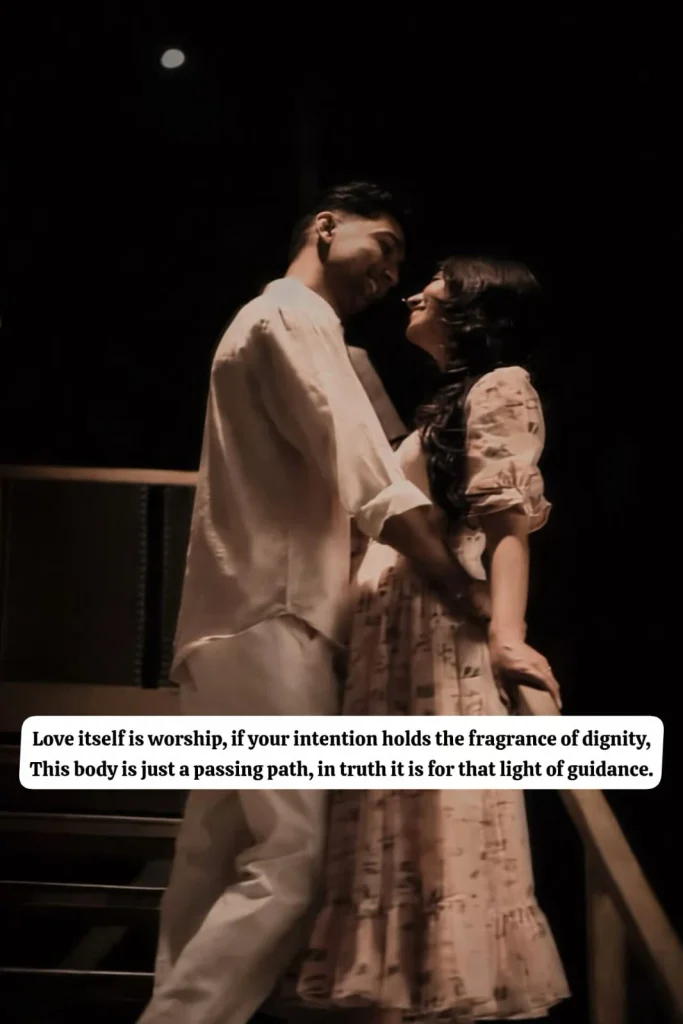 love poetry couple standing close together smiling under the moonlight at night