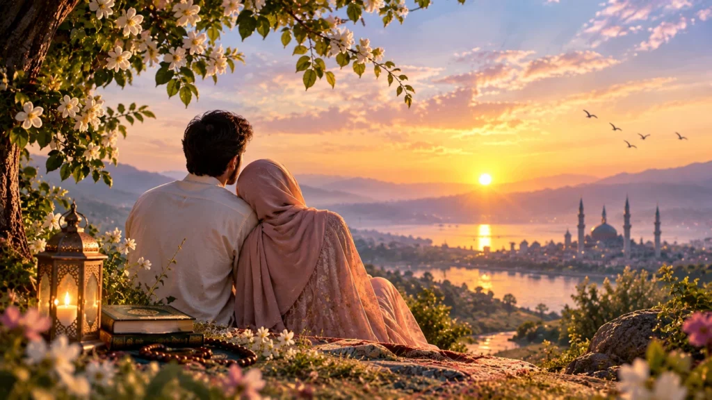 mohabbat shayari couple sitting together at sunset overlooking mosque and river view