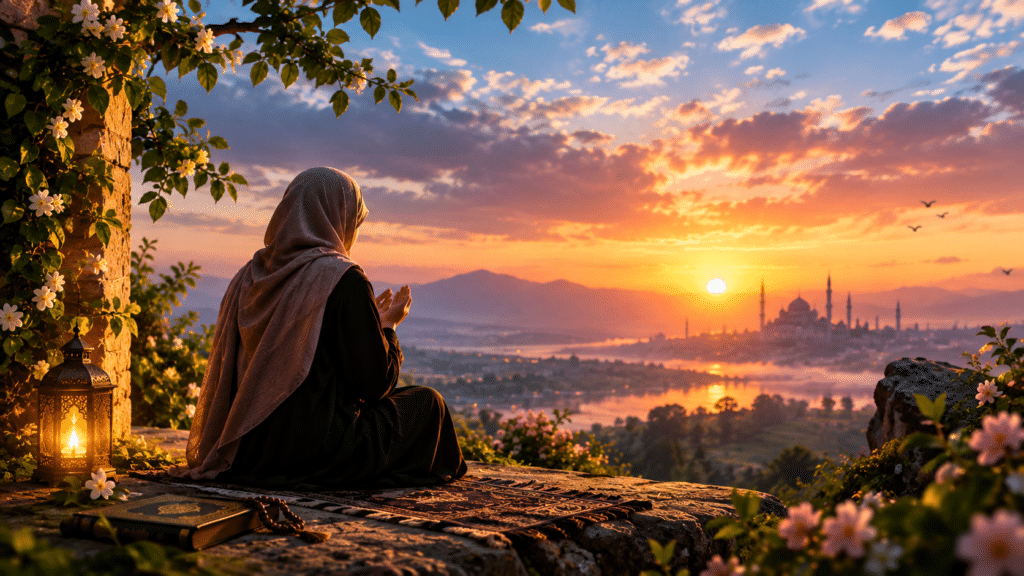 muslim-woman-praying-at-sunset-with-mosque-city-view-islamic-poetry-featured-image