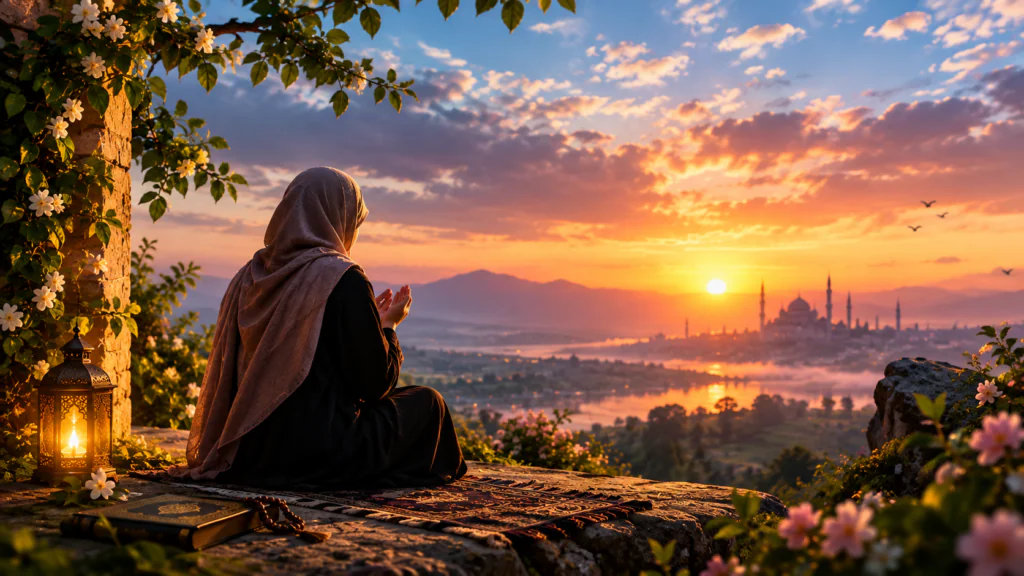 muslim-woman-praying-at-sunset-with-mosque-city-view-islamic-poetry-featured-image