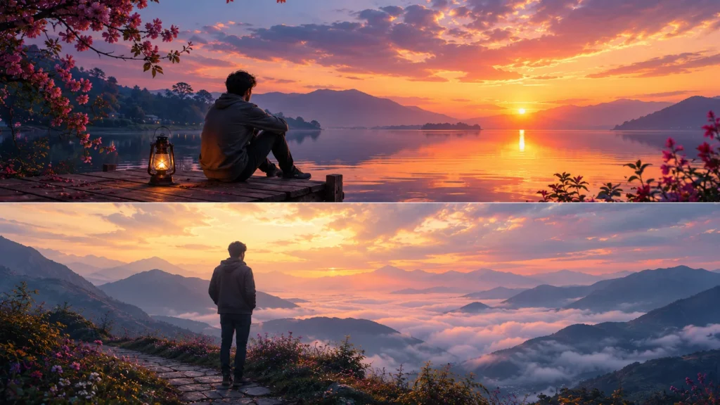 man sitting alone by a lake at sunset with a lantern and cherry blossoms, peaceful solitude