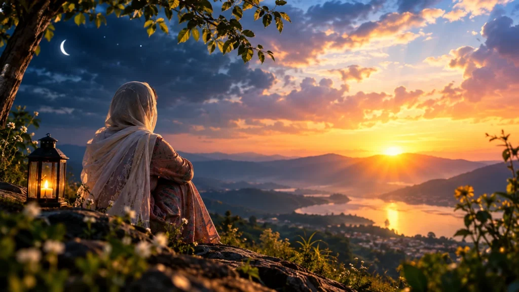 sabr poetry featured image of woman sitting with lantern under moonlit sunset sky