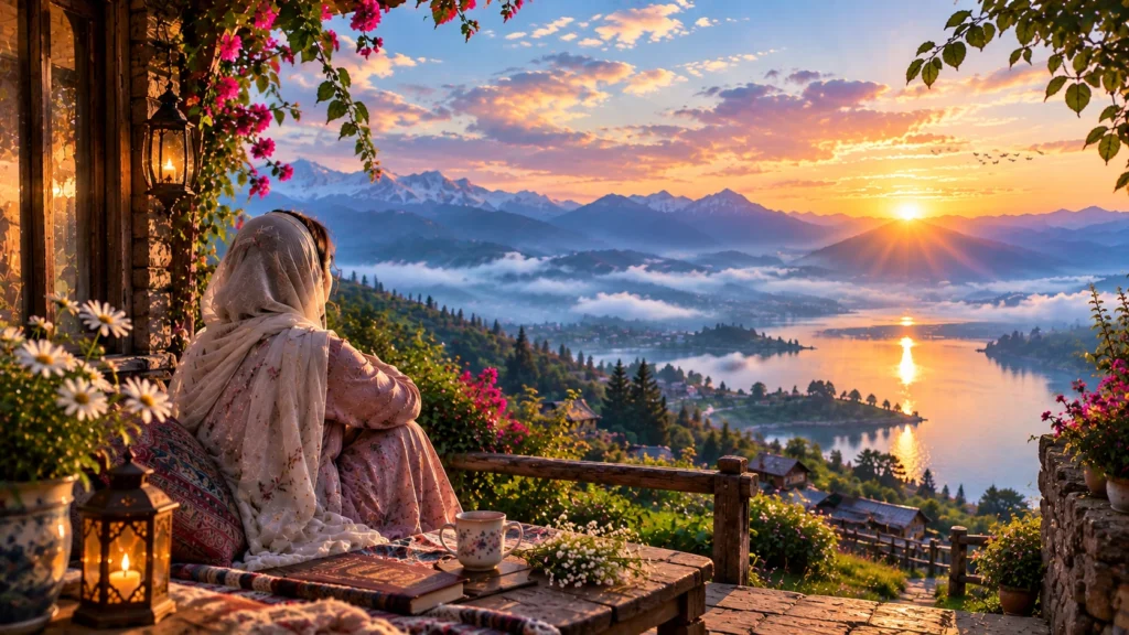 sabr poetry featured image of woman reading Quran overlooking misty mountains at sunrise
