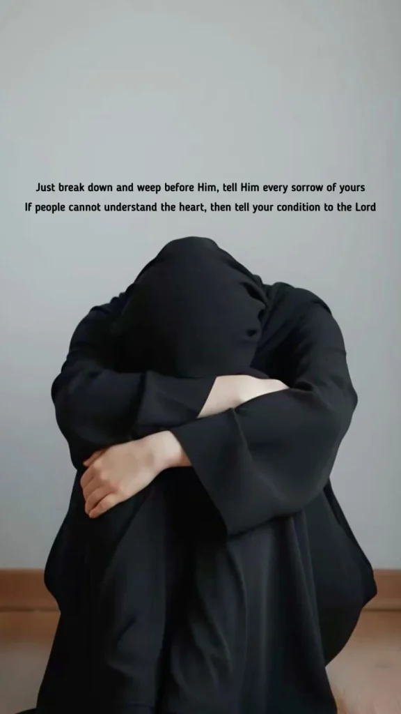 sabr poetry quote about weeping before God over photo of a person in black abaya sitting with head down