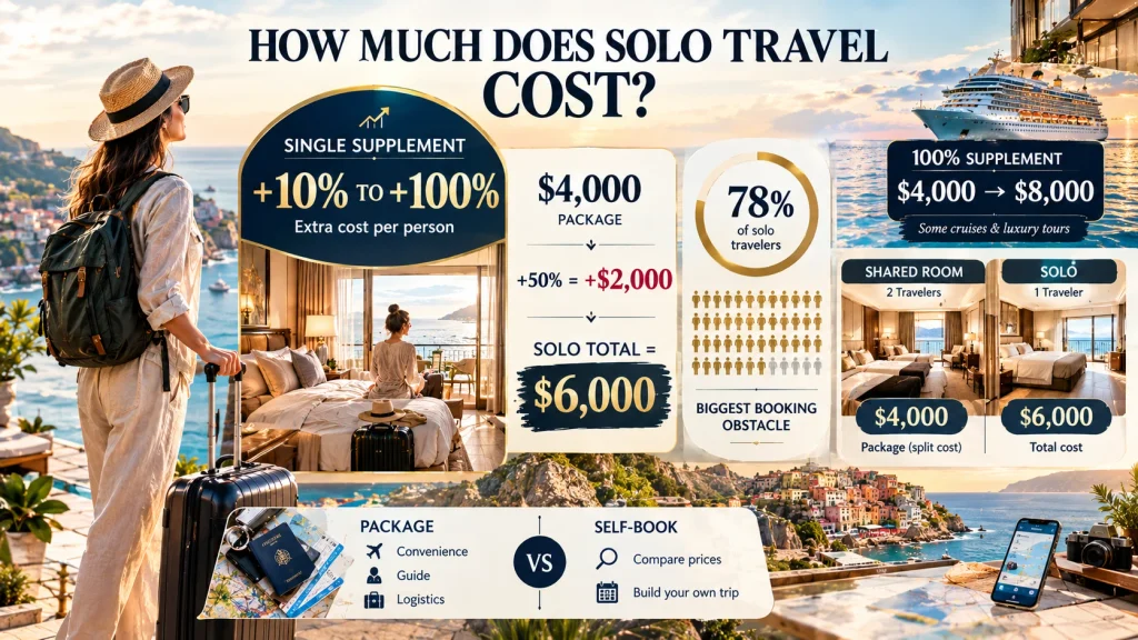 infographic showing solo travel cost breakdown with single supplement fees and pricing comparison