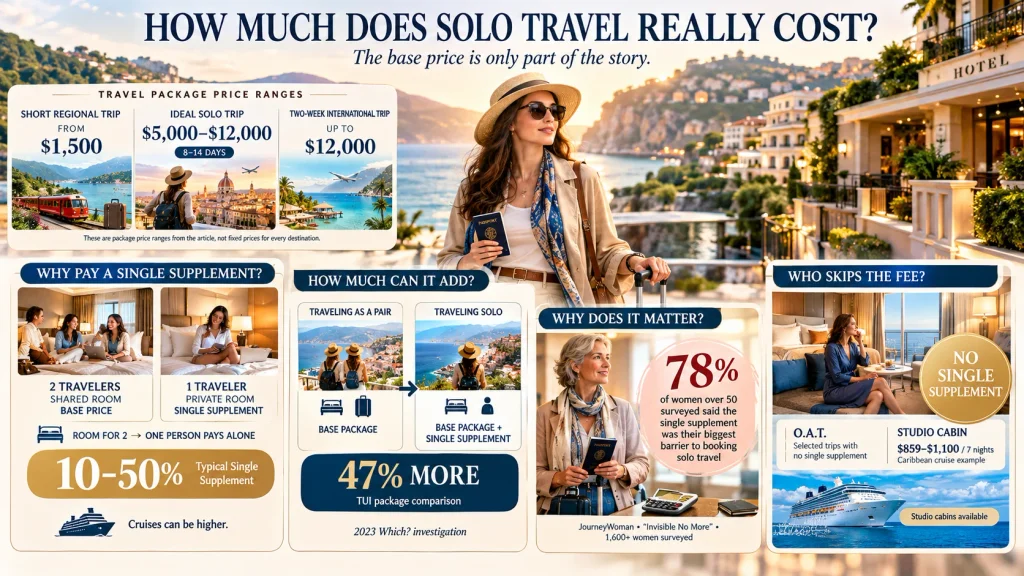 infographic explaining how much solo travel really costs including single supplement fees