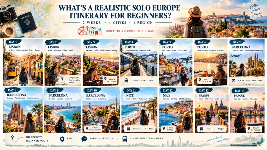 Realistic solo travel Europe itinerary for beginners across Lisbon, Porto, Barcelona, Nice, and Prague