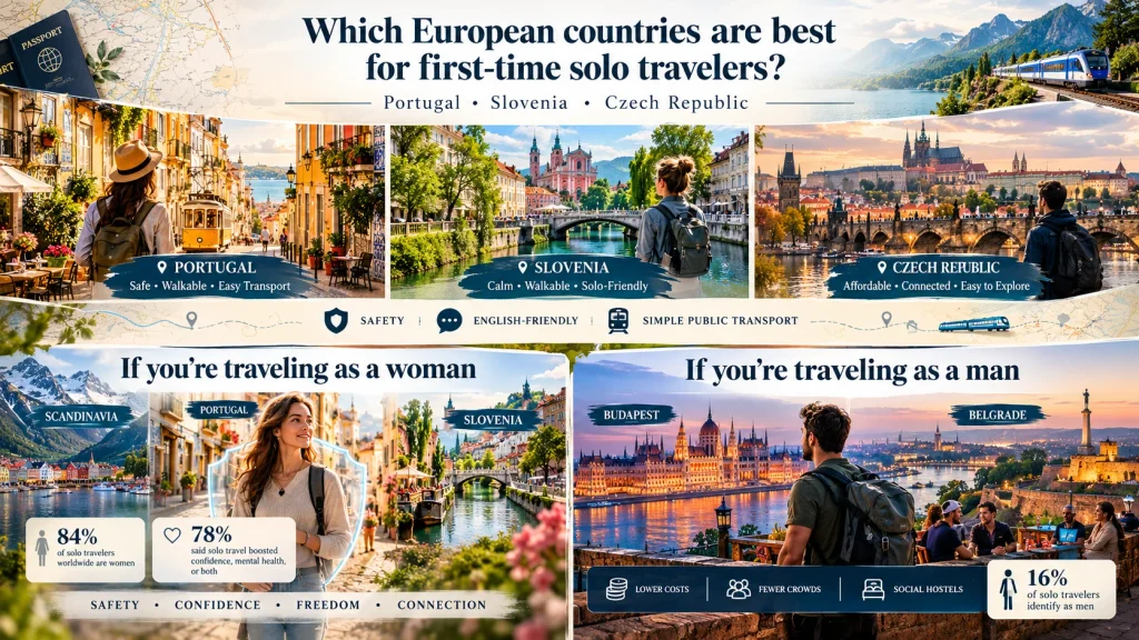 Solo travel Europe poster showing woman backpacker overlooking scenic cities, rivers, and coastal towns