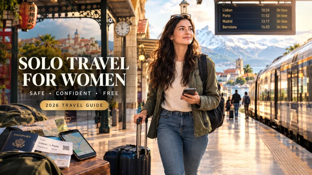 confident woman pulling suitcase at train station for solo travel for women 2026 guide