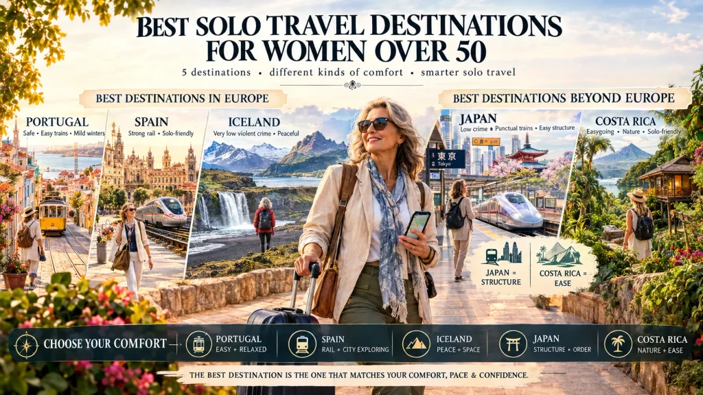 infographic listing best solo travel destinations for women over 50 like spain and japan