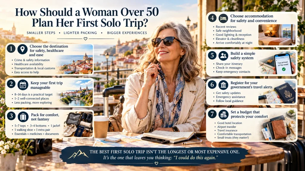 solo travel for women over 50 infographic with safety tips and top destination checklist