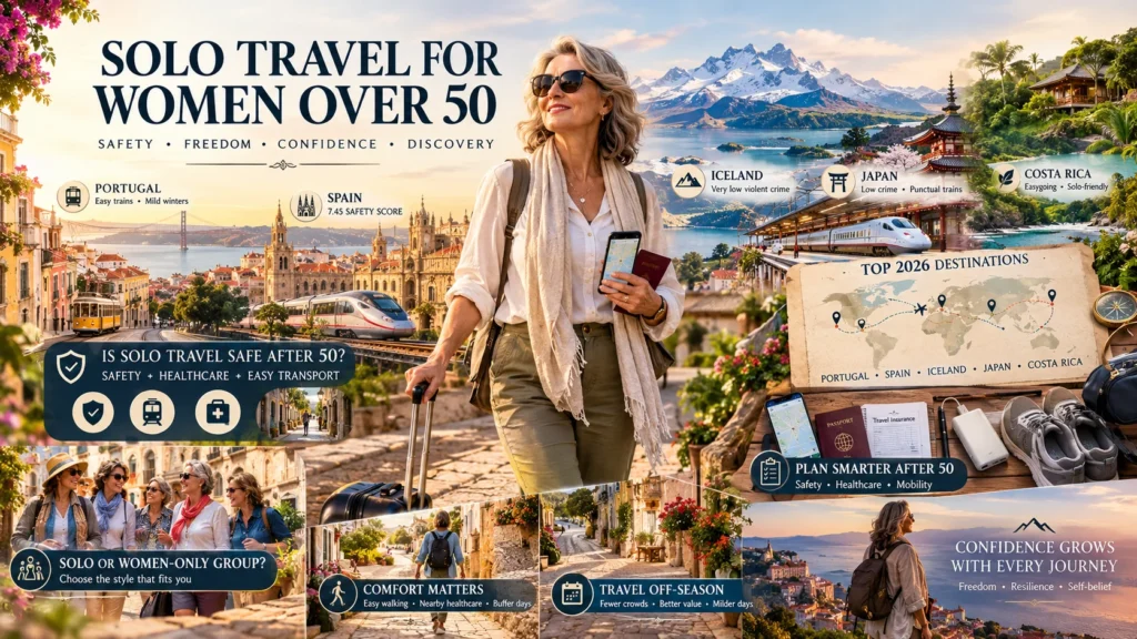 solo travel for women over 50 infographic with safety tips and top destination checklist