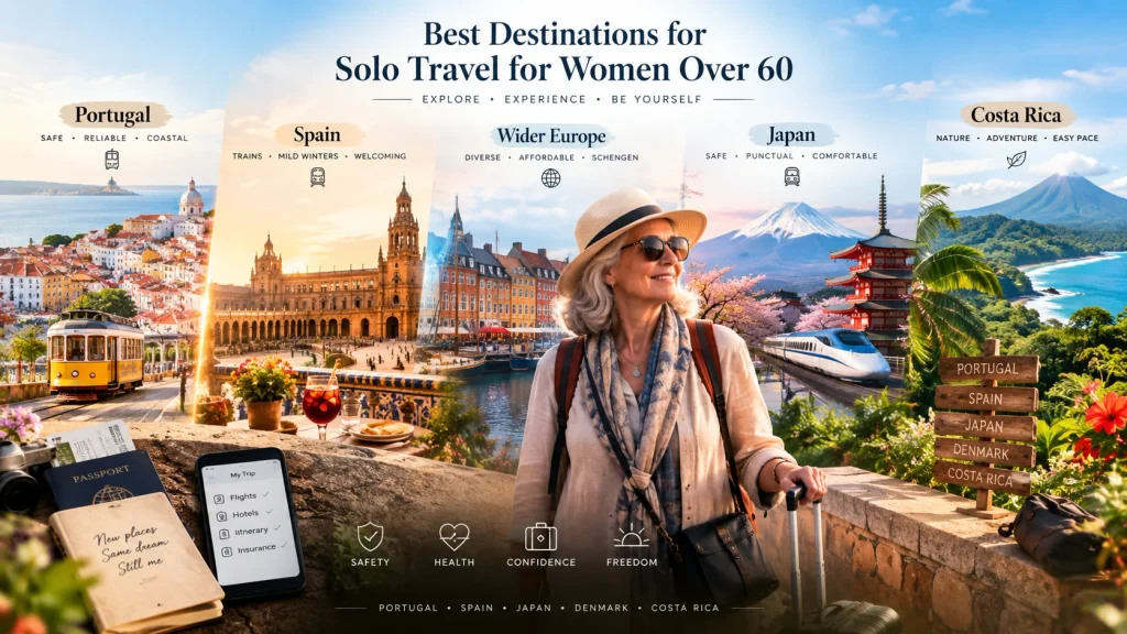 Best destinations guide for solo travel for women over 60 including Spain, Japan and Portugal