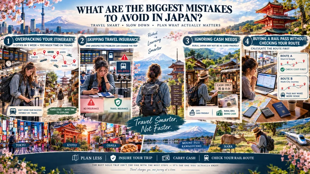Infographic showing biggest solo travel mistakes to avoid in Japan itinerary and cash planning tips