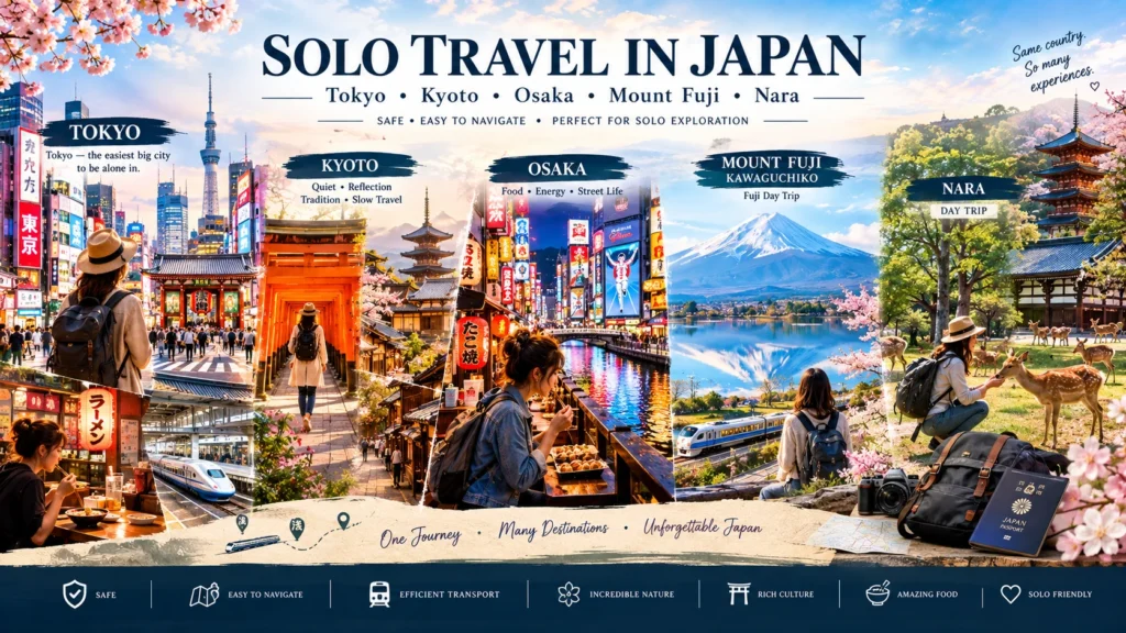 Solo travel Japan guide featuring Tokyo Kyoto Osaka Mount Fuji and Nara destination highlights