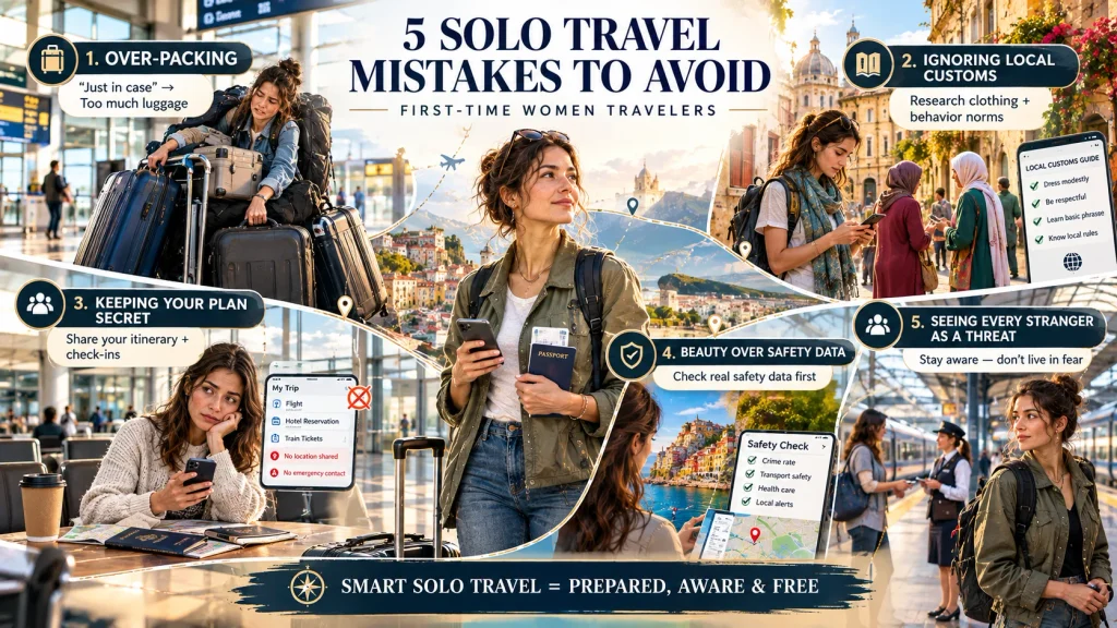 infographic listing five common solo travel mistakes women travelers should avoid abroad