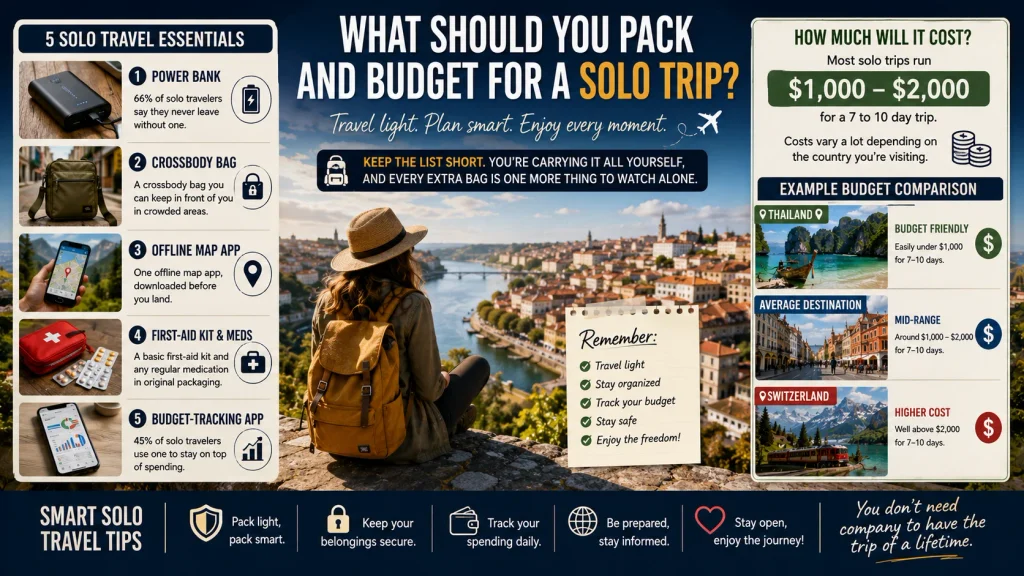 infographic showing essential packing items and budget guide for solo travel planning
