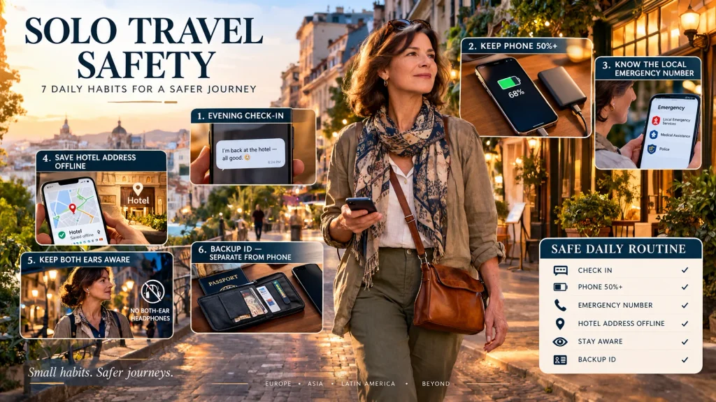 Woman walking city street with solo travel safety tips and daily safety habits checklist