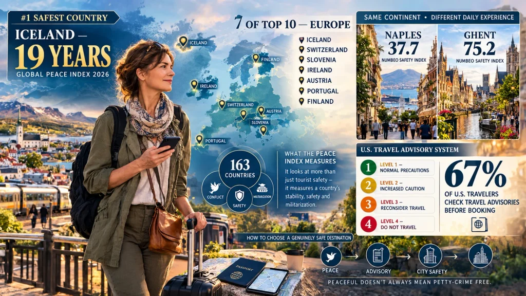 Solo travel safety guide showing Iceland ranked safest country for solo travelers 19 years