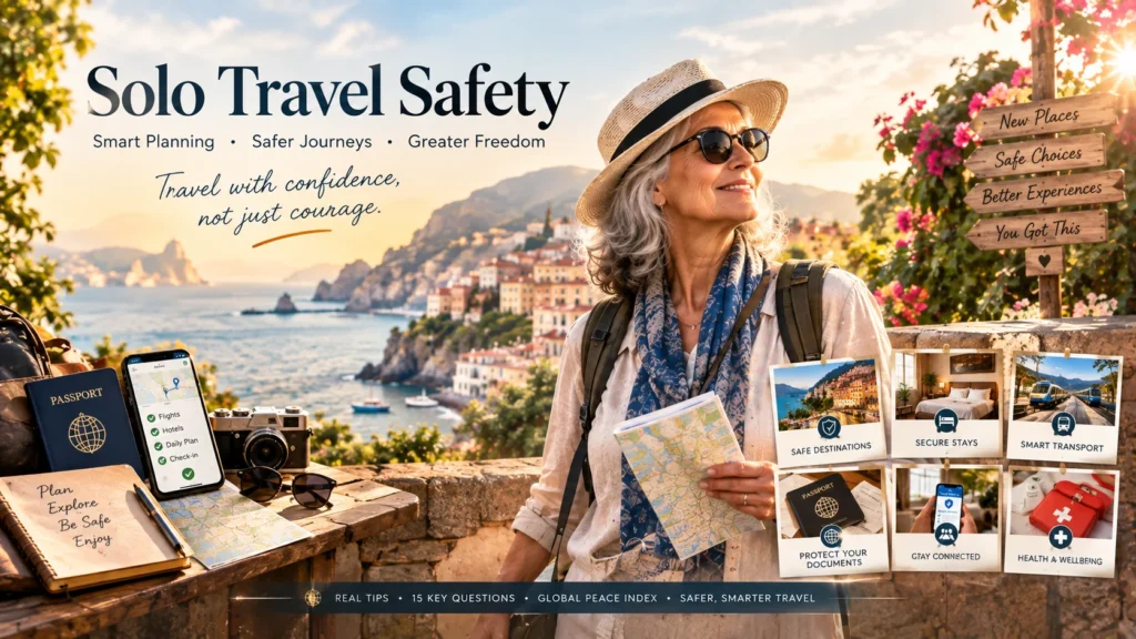 Older woman enjoying coastal view with solo travel safety planning tips and travel essentials