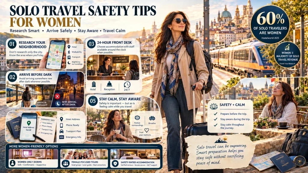 solo travel safety tips for women showing hotel choice arrival timing and staying aware