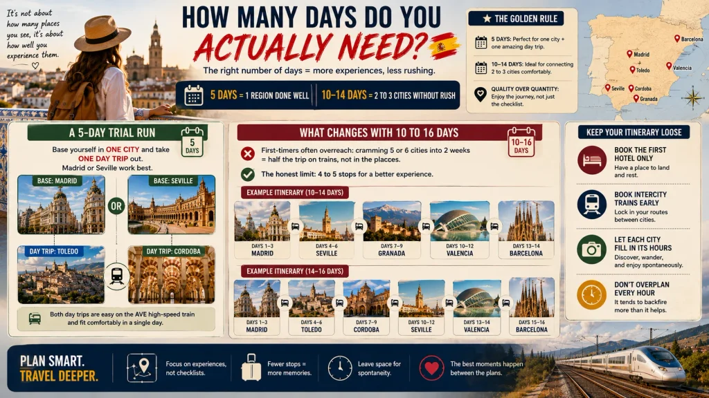 Solo travel Spain itinerary guide comparing five day trips and two week travel plans