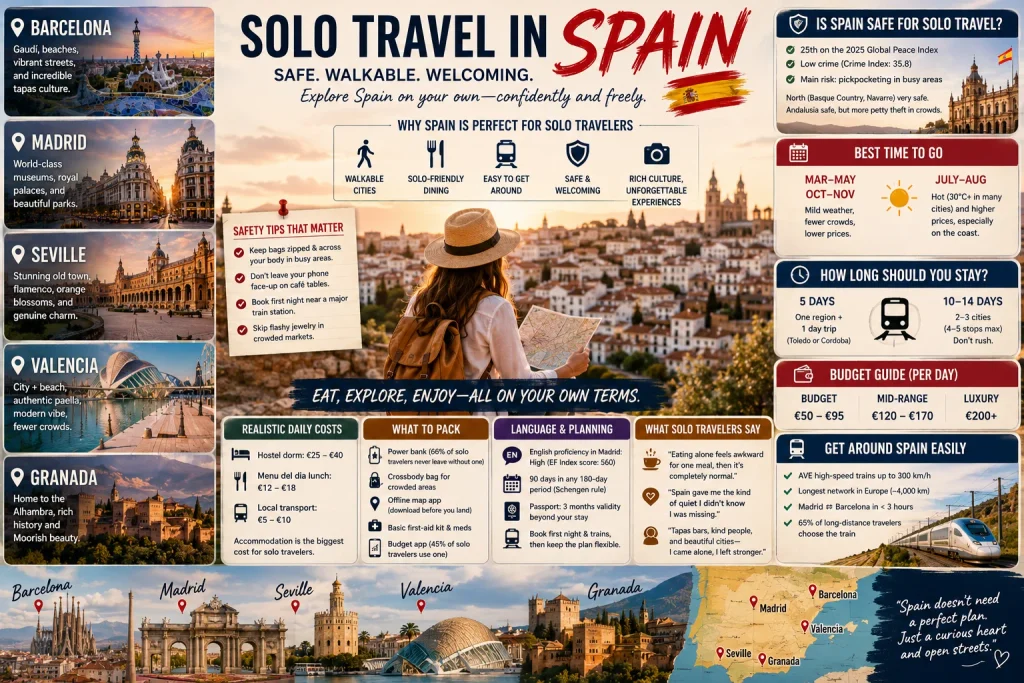 Solo travel Spain infographic covering safety tips, budget guide, and best cities to visit