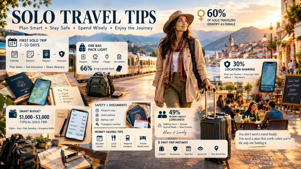 solo travel tips infographic for women covering budgeting packing safety and first trip planning advice