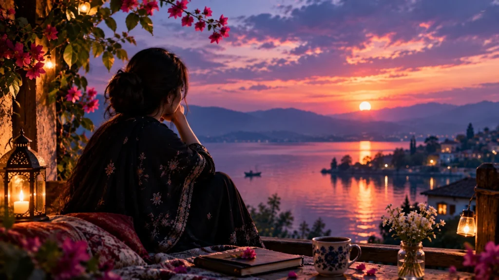 "Woman watching a pink sunset over a lake from a candlelit terrace, framed by flowers."