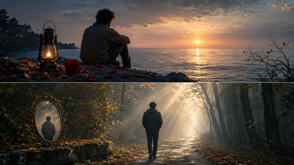 man sitting alone by the sea at sunset with a lantern and rose, tanhai shayari